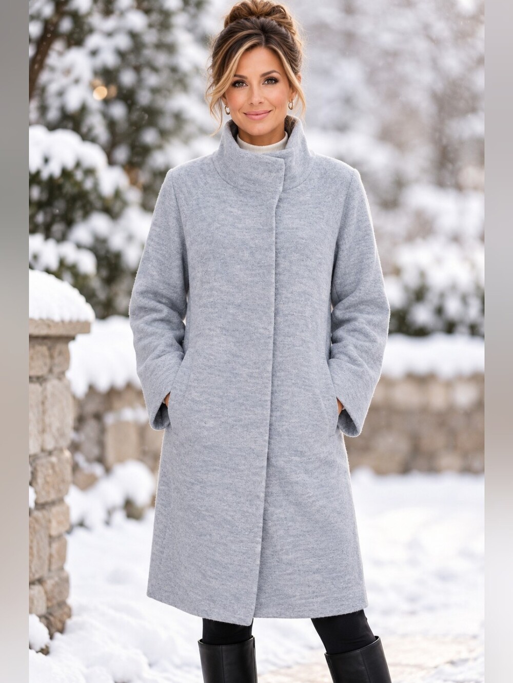 Cynthia Rowley Blue/Gray  Light Wool Funnel Neck Snap Front Coat Pockets